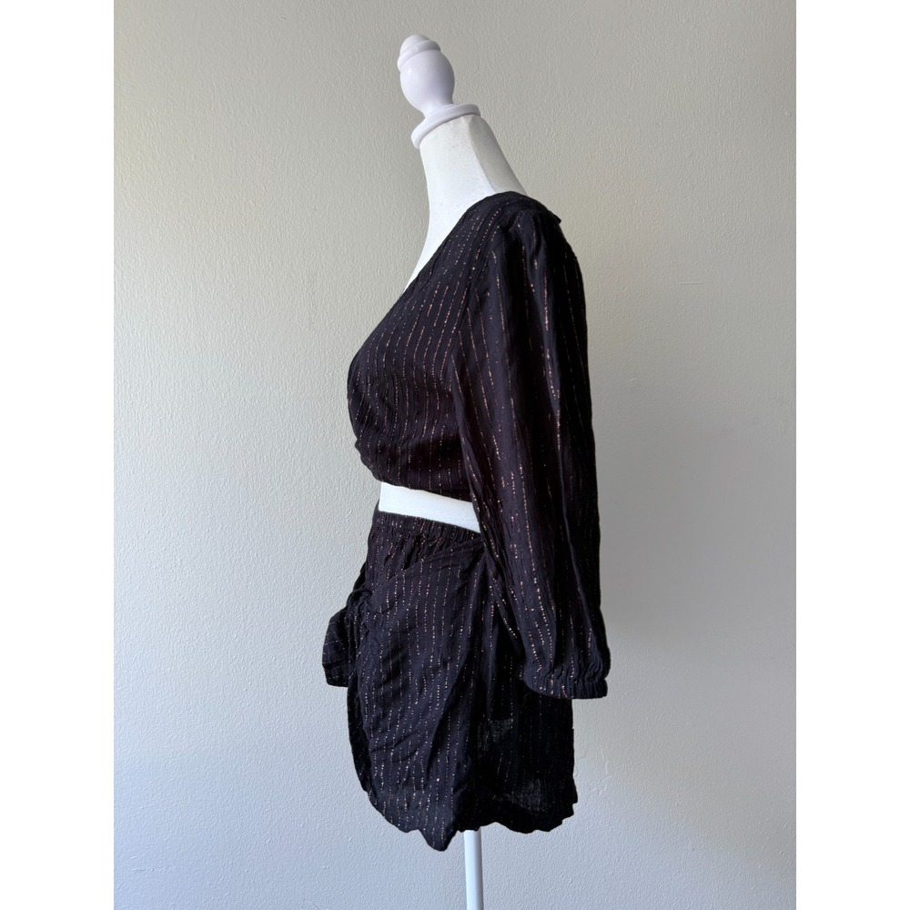 Tori Praver Black Metallic Stripe 2 Pcs Set M Crop Top Shorts Boho Beach Casual - Picture 2 of 16